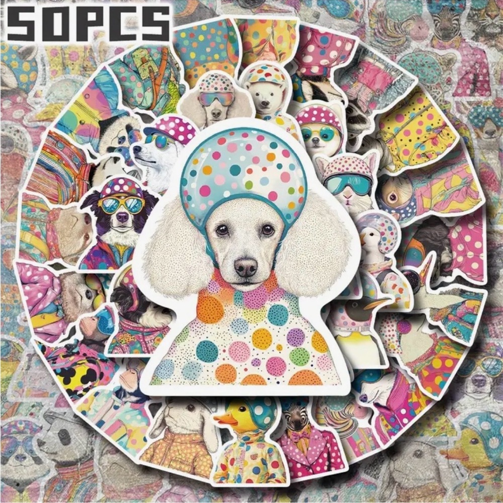 50 Animals in Pop Art Outfits Stickers Polka Dots Glasses Hats Jackets Fun Color